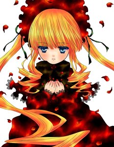 Rating: Safe Score: 0 Tags: 1girl blonde_hair blue_eyes bonnet dress drill_hair flower image long_hair long_sleeves looking_at_viewer petals red_dress rose_petals shinku simple_background solo twintails white_background User: admin