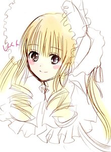 Rating: Safe Score: 0 Tags: 1girl blonde_hair blush dress drill_hair eyebrows_visible_through_hair frills image long_hair looking_at_viewer shinku simple_background smile solo twin_drills upper_body white_background User: admin