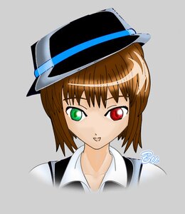 Rating: Safe Score: 0 Tags: 1girl :d brown_hair collarbone green_eyes grey_background hat heterochromia image looking_at_viewer portrait red_eyes short_hair simple_background smile solo souseiseki User: admin