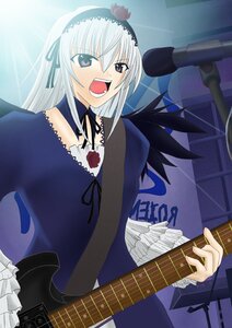 Rating: Safe Score: 0 Tags: 1girl black_wings dress electric_guitar flower frills guitar hairband image instrument long_hair long_sleeves music open_mouth rose silver_hair solo suigintou wings User: admin