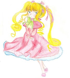 Rating: Safe Score: 0 Tags: 1girl blonde_hair blue_eyes bonnet bow bowtie capelet dress full_body image long_hair long_sleeves looking_at_viewer pink_bow pink_dress shinku simple_background solo standing traditional_media twintails v_arms User: admin