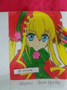 Rating: Safe Score: 0 Tags: 1girl bangs blonde_hair blue_eyes bonnet bow bowtie closed_mouth eyebrows_visible_through_hair green_bow image long_hair looking_at_viewer marker_(medium) photo shikishi shinku sidelocks simple_background solo traditional_media upper_body white_background User: admin