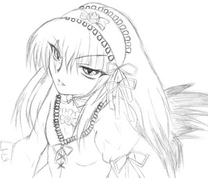 Rating: Safe Score: 0 Tags: 1girl cross greyscale hair_ribbon image jewelry long_hair long_sleeves looking_at_viewer monochrome necklace ribbon simple_background solo suigintou upper_body white_background User: admin