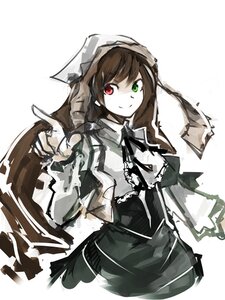 Rating: Safe Score: 0 Tags: 1girl black_ribbon brown_hair dress frills green_eyes heterochromia image index_finger_raised long_hair long_sleeves looking_at_viewer red_eyes simple_background smile solo suiseiseki white_background User: admin