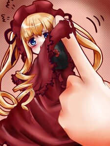 Rating: Questionable Score: 0 Tags: 1girl blonde_hair blue_eyes blush bow dress drill_hair halftone halftone_background image long_hair looking_at_viewer polka_dot_background red_dress shinku solo twintails User: admin
