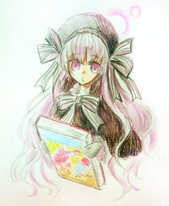 Rating: Safe Score: 0 Tags: 1girl bangs book dress expressionless hair_ribbon hat image long_hair looking_at_viewer open_book patchouli_knowledge ribbon solo striped suigintou traditional_media upper_body very_long_hair User: admin
