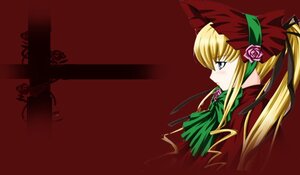 Rating: Safe Score: 0 Tags: 1girl blonde_hair blue_eyes bonnet bow bowtie dress flower green_bow green_neckwear image long_hair long_sleeves looking_afar pink_rose profile red_dress red_flower red_rose rose shinku sidelocks simple_background solo twintails User: admin