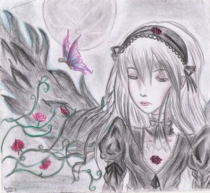 Rating: Safe Score: 0 Tags: 1girl bug butterfly dress flower hairband half-closed_eyes image insect long_hair long_sleeves rose signature solo suigintou traditional_media watercolor_(medium) wings User: admin