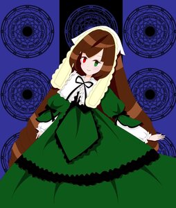 Rating: Safe Score: 0 Tags: 1girl brown_hair dress frills green_dress green_eyes heterochromia image long_hair long_sleeves looking_at_viewer red_eyes simple_background smile solo suiseiseki User: admin