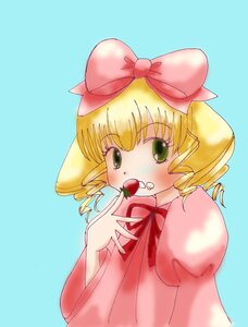 Rating: Safe Score: 0 Tags: 1girl blonde_hair blue_background bow dress drill_hair eating eyebrows_visible_through_hair food fruit green_eyes hair_bow hina_ichigo hinaichigo holding holding_fruit image juliet_sleeves long_sleeves looking_at_viewer open_mouth pink_bow pink_dress puffy_sleeves simple_background solo strawberry upper_body User: admin
