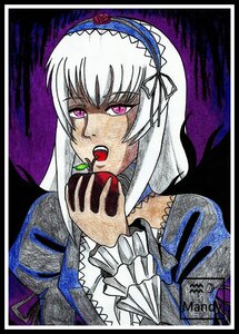 Rating: Safe Score: 0 Tags: 1girl apple flower food frilled_sleeves frills fruit hairband holding holding_food image letterboxed lolita_hairband long_sleeves looking_at_viewer open_mouth puffy_sleeves ribbon rose silver_hair solo suigintou traditional_media wings User: admin