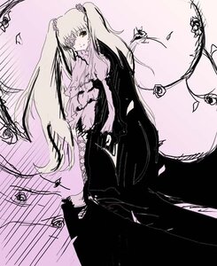 Rating: Safe Score: 0 Tags: 1girl dress flower image kirakishou long_hair long_sleeves looking_at_viewer monochrome pink_theme smile solo suigintou twintails very_long_hair User: admin