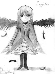 Rating: Safe Score: 0 Tags: 1girl artist_name bird black_feathers blush boots choker dated feathered_wings feathers full_body greyscale image long_sleeves looking_at_viewer monochrome solo standing suigintou thighhighs wings User: admin