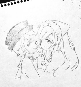 Rating: Safe Score: 0 Tags: 2girls blush greyscale hat image long_hair monochrome multiple_girls pair short_hair sketch smile souseiseki suiseiseki traditional_media User: admin