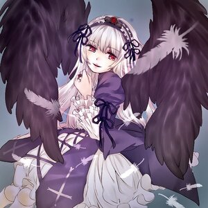 Rating: Safe Score: 0 Tags: 1girl black_wings dress feathers flower frills hairband image long_hair long_sleeves looking_at_viewer red_eyes ribbon rose silver_hair solo suigintou wings User: admin