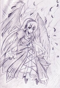 Rating: Safe Score: 0 Tags: 1girl dress eyebrows_visible_through_hair feathers full_body image long_hair long_sleeves looking_at_viewer monochrome solo suigintou traditional_media wide_sleeves wings User: admin