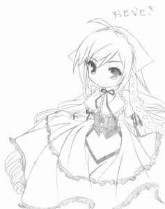 Rating: Safe Score: 0 Tags: 1girl ahoge blush closed_mouth dress eyebrows_visible_through_hair frills greyscale image long_hair long_sleeves looking_at_viewer monochrome ribbon simple_background solo suiseiseki very_long_hair white_background User: admin