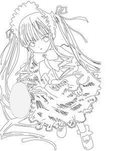 Rating: Safe Score: 0 Tags: 1girl bowtie dress frills full_body image long_hair long_sleeves looking_at_viewer monochrome shinku simple_background solo standing twintails very_long_hair white_background User: admin