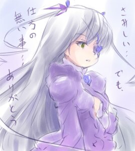 Rating: Safe Score: 0 Tags: 1girl barasuishou dress green_eyes hair_ribbon image long_hair long_sleeves ribbon silver_hair simple_background solo text_focus upper_body very_long_hair User: admin