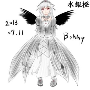 Rating: Safe Score: 0 Tags: 1girl black_wings detached_collar dress frills full_body hairband image joints juliet_sleeves lolita_hairband long_hair long_sleeves looking_at_viewer red_eyes silver_hair smile solo striped suigintou wings User: admin