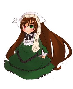 Rating: Safe Score: 0 Tags: 1girl blush brown_hair dress frills green_dress green_eyes head_scarf heterochromia image long_hair long_sleeves looking_at_viewer red_eyes simple_background solo suiseiseki very_long_hair white_background User: admin