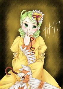 Rating: Safe Score: 0 Tags: 1girl blush closed_umbrella covering_mouth dress drill_hair frills green_eyes green_hair hair_ornament hand_to_own_mouth heart_hair_ornament image juliet_sleeves kanaria long_sleeves puffy_sleeves short_hair solo umbrella yellow_dress User: admin