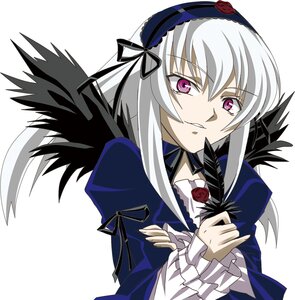 Rating: Safe Score: 3 Tags: 1girl black_wings dress flower frilled_sleeves frills gothic_lolita hairband image lolita_hairband long_hair long_sleeves looking_at_viewer pink_eyes ribbon rose silver_hair simple_background solo suigintou upper_body white_background wings User: admin