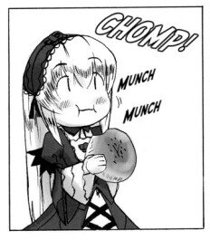 Rating: Safe Score: 0 Tags: 1girl auto_tagged border chibi dress eating food greyscale image long_sleeves monochrome simple_background solo suigintou upper_body white_background wings User: admin