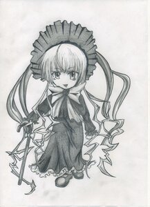 Rating: Safe Score: 0 Tags: 1girl :d bonnet bow bowtie dress frills full_body greyscale image long_hair long_sleeves looking_at_viewer monochrome open_mouth shinku simple_background smile solo traditional_media twintails very_long_hair User: admin