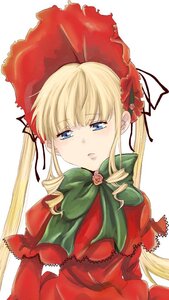 Rating: Safe Score: 0 Tags: 1girl bangs blonde_hair blue_eyes blush bonnet bow bowtie capelet dress drill_hair flower green_bow image long_hair looking_at_viewer red_capelet rose shinku sidelocks simple_background solo twin_drills twintails upper_body white_background User: admin