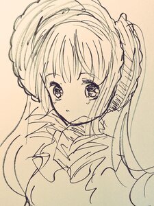 Rating: Safe Score: 0 Tags: 1girl bangs eyebrows_visible_through_hair image long_hair looking_at_viewer monochrome parted_lips portrait shinku simple_background sketch solo traditional_media upper_body User: admin