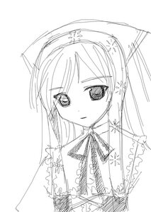 Rating: Safe Score: 0 Tags: 1girl blush greyscale hairband image long_hair looking_at_viewer monochrome ribbon simple_background sketch solo suiseiseki upper_body white_background User: admin