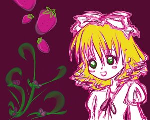 Rating: Safe Score: 0 Tags: 1girl :d blonde_hair food fruit green_eyes hina_ichigo hinaichigo image looking_at_viewer open_mouth pink_bow pink_theme plant ribbon simple_background smile solo strawberry upper_body User: admin