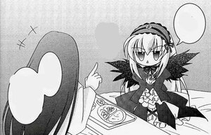 Rating: Safe Score: 0 Tags: 1girl black_wings dress frilled_sleeves greyscale hairband image index_finger_raised lolita_hairband long_hair long_sleeves monochrome open_mouth solo suigintou wings User: admin