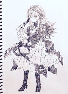 Rating: Safe Score: 0 Tags: 1girl bangs boots closed_mouth dress eyebrows_visible_through_hair frills full_body hairband image long_hair long_sleeves monochrome sketch smile solo standing suigintou wide_sleeves User: admin