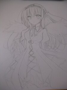 Rating: Safe Score: 0 Tags: 1girl bare_shoulders dress elbow_gloves feathered_wings gloves greyscale image lineart long_hair looking_at_viewer monochrome ribbon sketch solo suigintou traditional_media wings User: admin