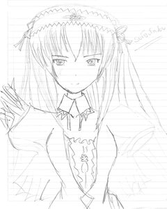 Rating: Safe Score: 0 Tags: 1girl blush bow dress greyscale hairband image long_hair looking_at_viewer monochrome simple_background sketch solo suigintou upper_body white_background User: admin