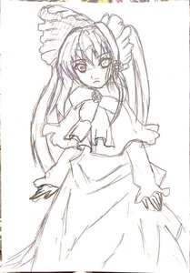 Rating: Safe Score: 0 Tags: 1girl dress flower image long_hair long_sleeves looking_at_viewer monochrome rose shinku simple_background sketch solo suigintou User: admin