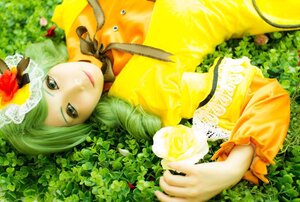 Rating: Safe Score: 0 Tags: 1girl flower green_hair hair_flower hair_ornament kanaria lips long_hair rose smile solo yellow_dress User: admin