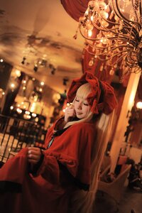 Rating: Safe Score: 0 Tags: 1girl blonde_hair blurry bonnet closed_eyes depth_of_field dress long_sleeves red_dress shinku sitting solo User: admin