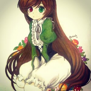 Rating: Safe Score: 0 Tags: 1girl brown_hair dress flower frills green_eyes heterochromia long_hair long_sleeves looking_at_viewer red_eyes ribbon solo suiseiseki very_long_hair User: admin