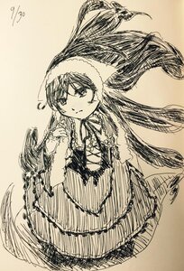 Rating: Safe Score: 0 Tags: 1girl closed_mouth dress frills full_body image long_hair long_sleeves looking_at_viewer monochrome ribbon simple_background solo suiseiseki traditional_media User: admin