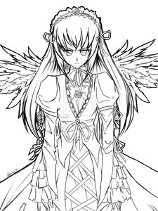 Rating: Safe Score: 0 Tags: 1girl angel_wings auto_tagged dress feathered_wings feathers frills greyscale hairband image lolita_hairband long_hair long_sleeves looking_at_viewer monochrome ribbon simple_background solo suigintou white_background wings User: admin