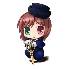 Rating: Safe Score: 0 Tags: 1girl blue_dress brown_hair chibi dress full_body hat heterochromia image long_sleeves looking_at_viewer red_eyes short_hair simple_background solo souseiseki white_background User: admin