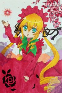 Rating: Safe Score: 0 Tags: 1girl blonde_hair blue_eyes bonnet dress drill_hair flower image long_hair long_sleeves looking_at_viewer pink_flower pink_rose red_dress red_flower rose shinku solo traditional_media twin_drills User: admin