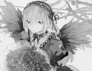Rating: Safe Score: 0 Tags: 1girl angel_wings bouquet closed_mouth feathered_wings feathers flower greyscale hair_ribbon image juliet_sleeves long_sleeves looking_at_viewer monochrome puffy_sleeves ribbon rose solo suigintou upper_body wings User: admin