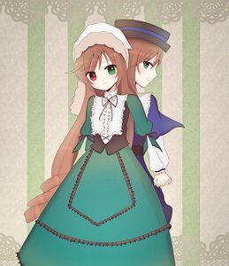 Rating: Safe Score: 0 Tags: 2girls back-to-back blue_dress brown_hair dress frills green_dress green_eyes hat head_scarf heterochromia holding_hands image long_hair long_sleeves looking_at_viewer multiple_girls pair red_eyes siblings sisters smile souseiseki striped_background suiseiseki top_hat twins very_long_hair User: admin