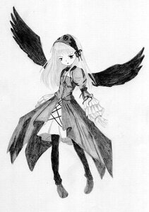 Rating: Safe Score: 0 Tags: 1girl bangs boots closed_mouth dress eyebrows_visible_through_hair full_body greyscale hat image juliet_sleeves long_hair long_sleeves looking_at_viewer monochrome puffy_sleeves solo standing suigintou traditional_media wings User: admin