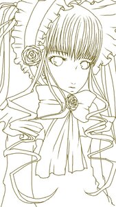 Rating: Safe Score: 0 Tags: 1girl bonnet bow dress flower frills image long_hair looking_at_viewer monochrome rose shinku simple_background solo upper_body white_background User: admin