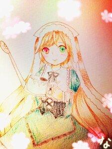 Rating: Safe Score: 0 Tags: 1girl dress green_dress green_eyes head_scarf heterochromia holding image long_hair long_sleeves looking_at_viewer red_eyes smile solo suiseiseki traditional_media very_long_hair watercolor_(medium) User: admin